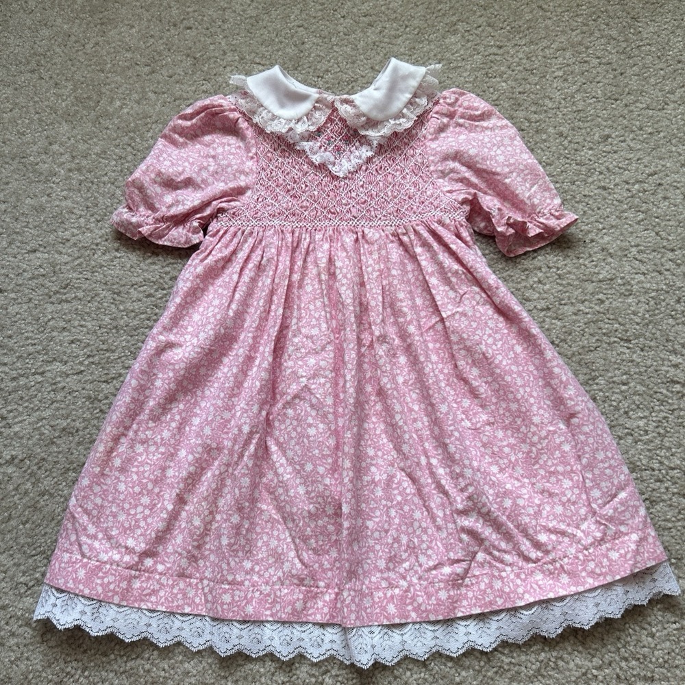 Vintage Polly Flinders Classics Hand Smocked Pink Floral Dress 4T Cottagecore